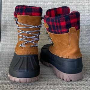 J Crew Winter Duck Boots in Nubuck Leather Red Black Check Size 9